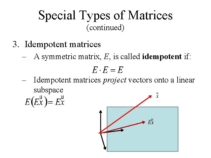 Special Types of Matrices (continued) 3. Idempotent matrices – A symmetric matrix, E, is