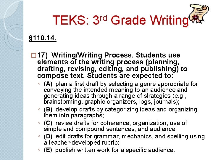TEKS: 3 rd Grade Writing § 110. 14. � 17) Writing/Writing Process. Students use