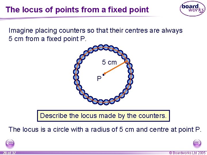 The locus of points from a fixed point Imagine placing counters so that their