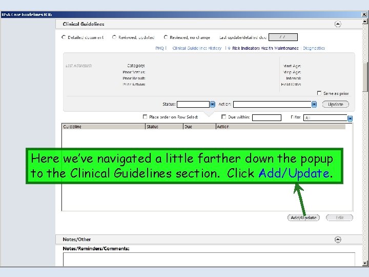 Here we’ve navigated a little farther down the popup to the Clinical Guidelines section.