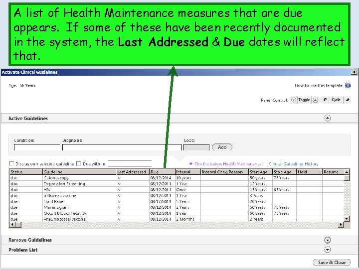 A list of Health Maintenance measures that are due appears. If some of these