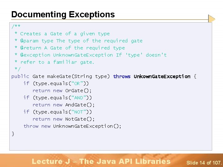 Documenting Exceptions /** * Creates a Gate of a given type * @param type