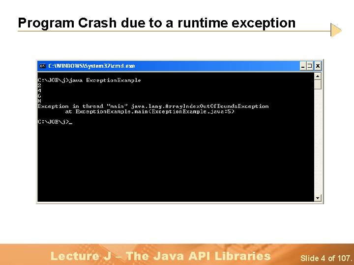 Program Crash due to a runtime exception Lecture J – The Java API Libraries