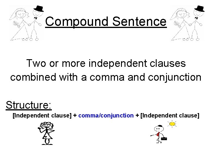Compound Sentence Two or more independent clauses combined with a comma and conjunction Structure: