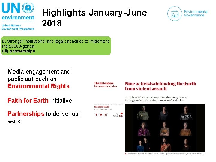 Highlights January-June 2018 B. Stronger institutional and legal capacities to implement the 2030 Agenda