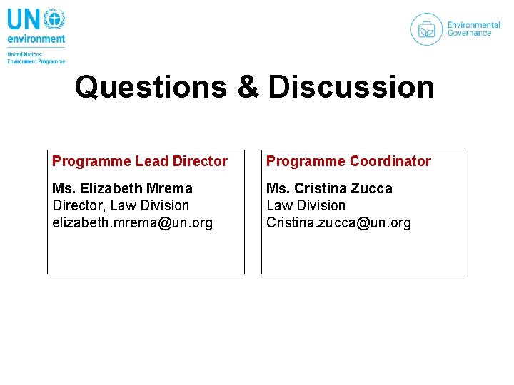 Questions & Discussion Programme Lead Director Programme Coordinator Ms. Elizabeth Mrema Director, Law Division