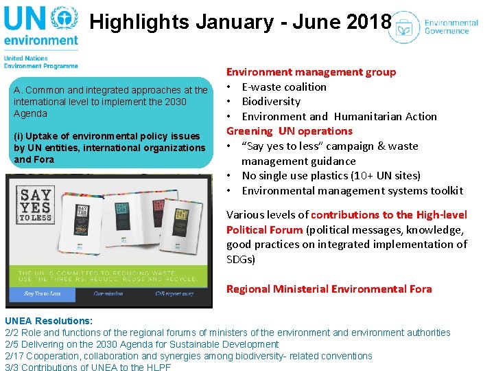 Highlights January - June 2018 A. Common and integrated approaches at the international level