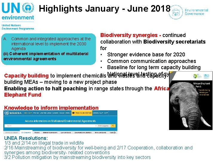 Highlights January - June 2018 Biodiversity synergies - continued collaboration with Biodiversity secretariats for