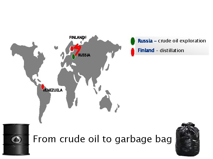 FINLAND RUSSIA Russia - crude oil exploration Finland – distillation VENEZUELA From crude oil