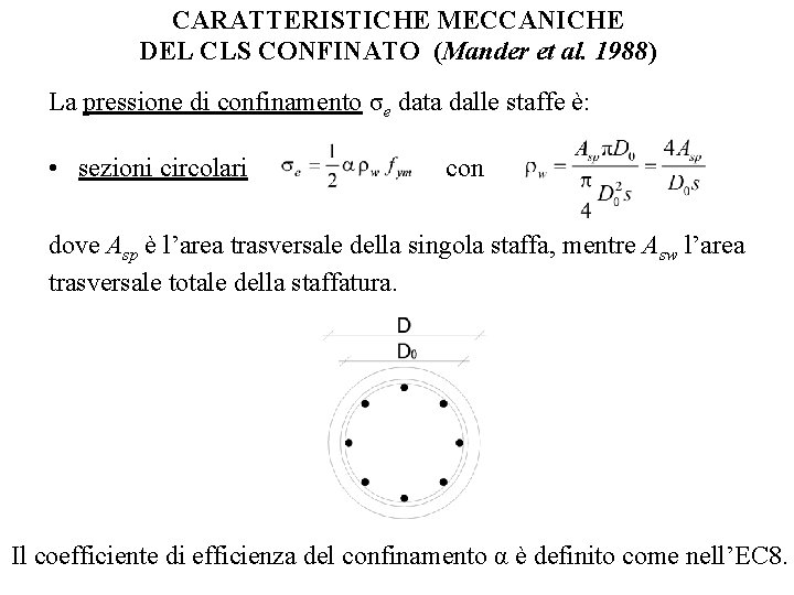 CARATTERISTICHE MECCANICHE DEL CLS CONFINATO (Mander et al. 1988) La pressione di confinamento σe