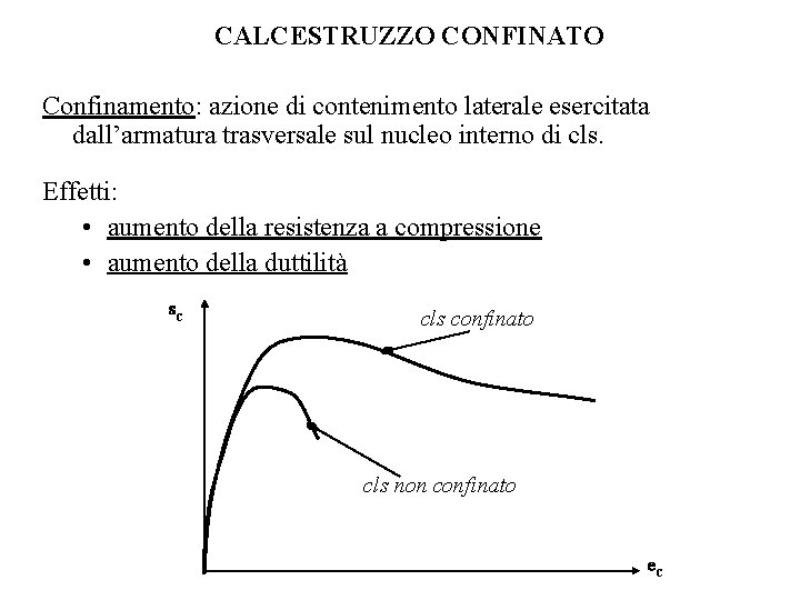 CALCESTRUZZO CONFINATO Confinamento: azione di contenimento laterale esercitata dall’armatura trasversale sul nucleo interno di