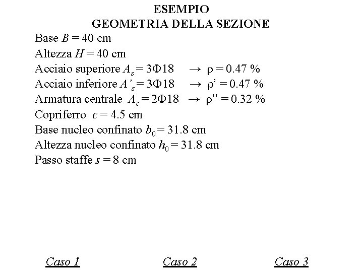 ESEMPIO GEOMETRIA DELLA SEZIONE Base B = 40 cm Altezza H = 40 cm