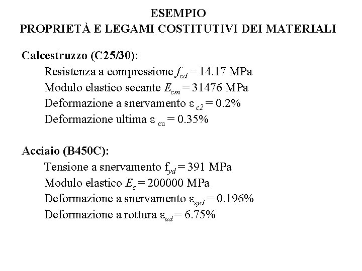 ESEMPIO PROPRIETÀ E LEGAMI COSTITUTIVI DEI MATERIALI Calcestruzzo (C 25/30): Resistenza a compressione fcd