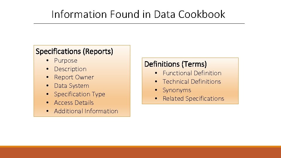 Information Found in Data Cookbook Specifications (Reports) • • Purpose Description Report Owner Data