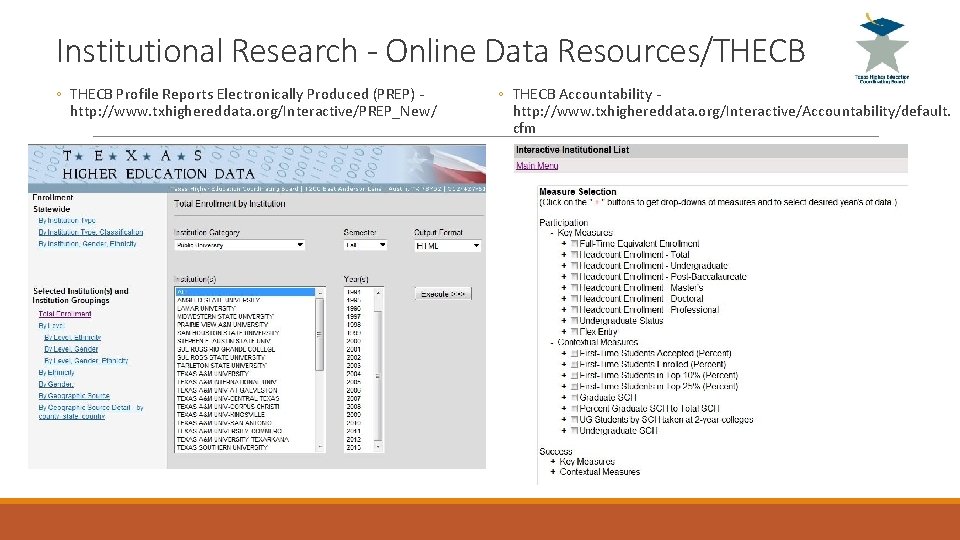 Institutional Research - Online Data Resources/THECB ◦ THECB Profile Reports Electronically Produced (PREP) http: