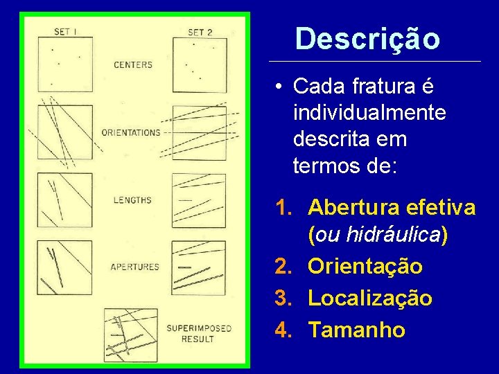 Descrição • Cada fratura é individualmente descrita em termos de: 1. Abertura efetiva (ou