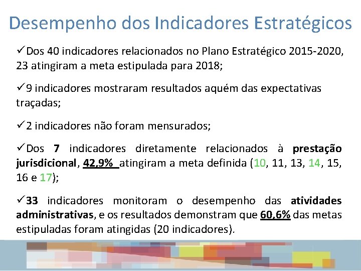 Desempenho dos Indicadores Estratégicos Dos 40 indicadores relacionados no Plano Estratégico 2015 -2020, 23