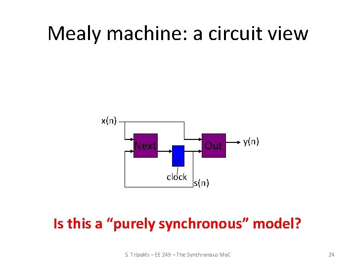 Mealy machine: a circuit view x(n) Next Out clock y(n) s(n) Is this a