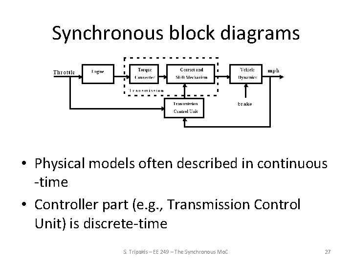 Synchronous block diagrams • Physical models often described in continuous -time • Controller part