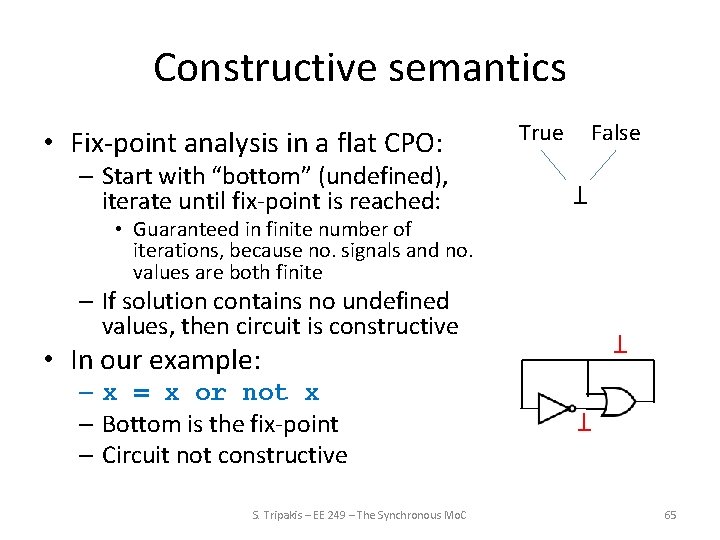 Constructive semantics – Start with “bottom” (undefined), iterate until fix-point is reached: True False