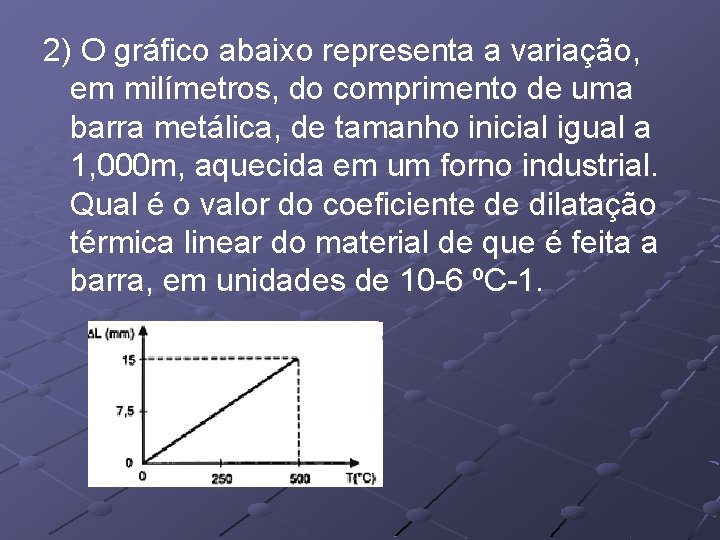 2) O gráfico abaixo representa a variação, em milímetros, do comprimento de uma barra 2) O gráfico abaixo representa a variação, em milímetros, do comprimento de uma barra