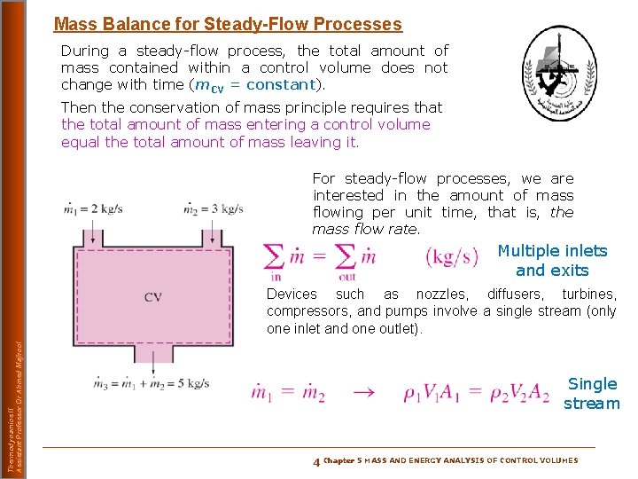 Mass Balance for Steady-Flow Processes During a steady-flow process, the total amount of mass