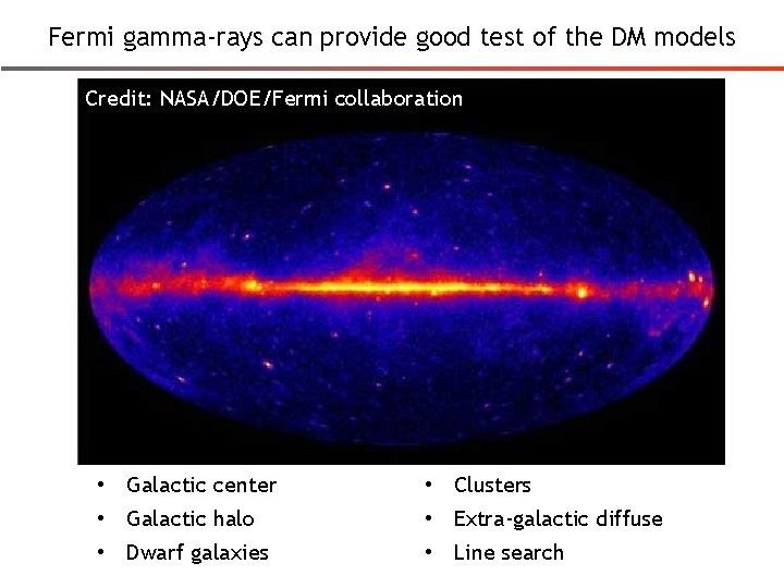 Fermi gamma-rays can provide good test of the DM models Credit: NASA/DOE/Fermi collaboration •