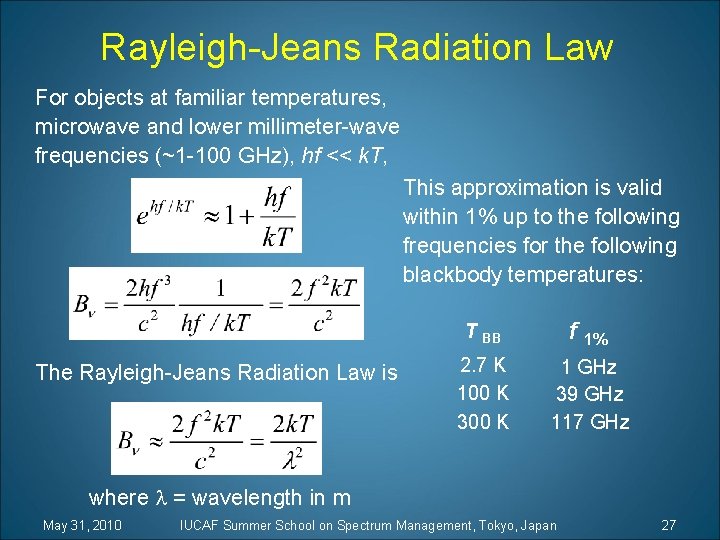 Rayleigh-Jeans Radiation Law For objects at familiar temperatures, microwave and lower millimeter-wave frequencies (~1