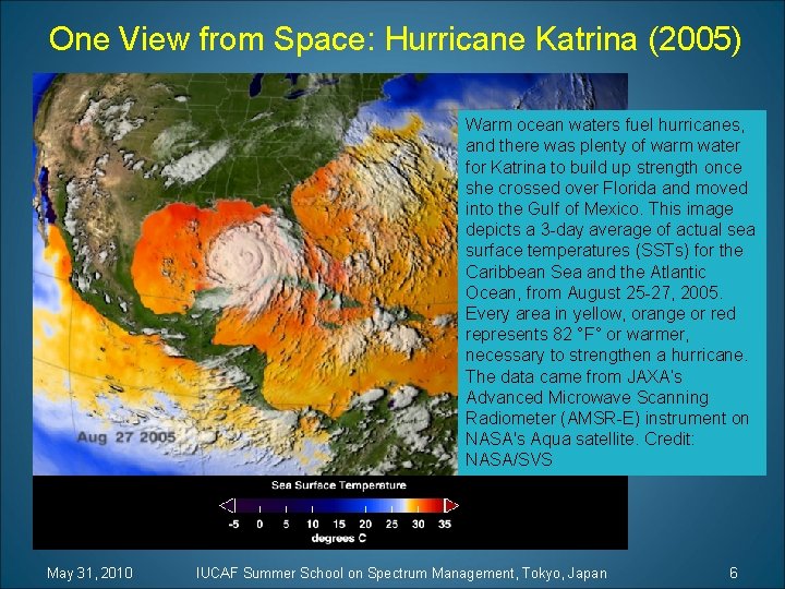 One View from Space: Hurricane Katrina (2005) Warm ocean waters fuel hurricanes, and there