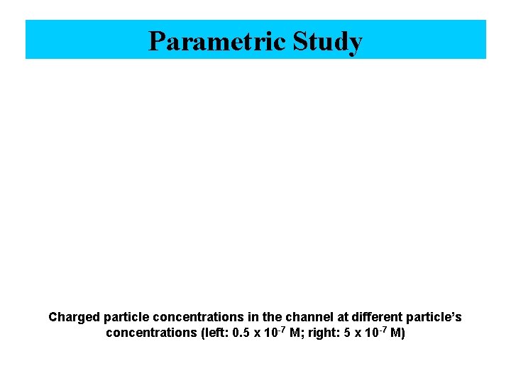 Parametric Study Charged particle concentrations in the channel at different particle’s concentrations (left: 0.