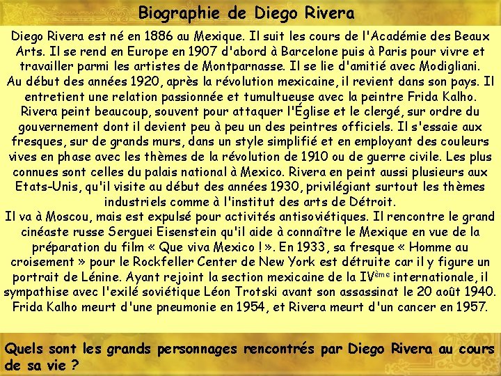 Biographie de Diego Rivera est né en 1886 au Mexique. Il suit les cours