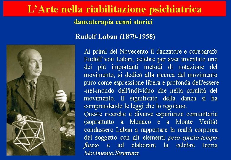 L’Arte nella riabilitazione psichiatrica danzaterapia cenni storici Rudolf Laban (1879 -1958) Ai primi del