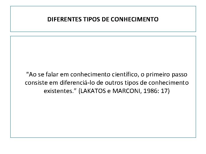 DIFERENTES TIPOS DE CONHECIMENTO “Ao se falar em conhecimento científico, o primeiro passo consiste