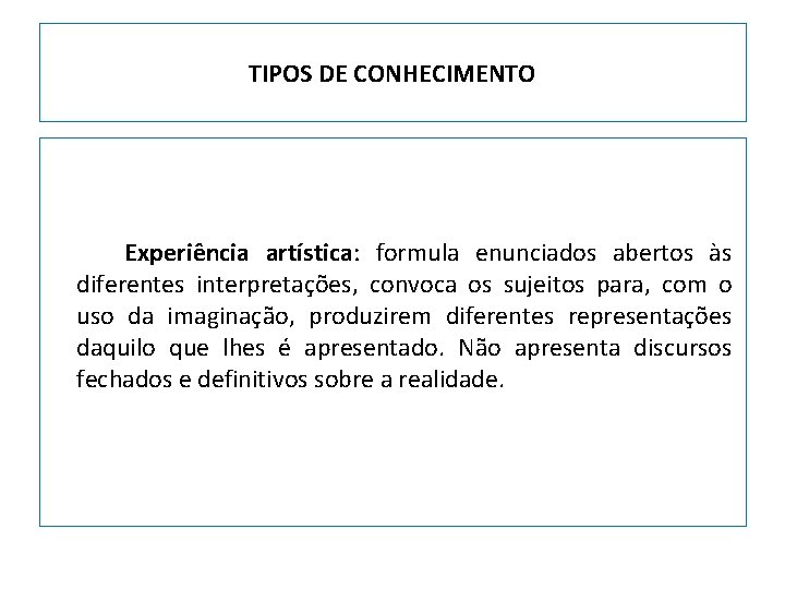 TIPOS DE CONHECIMENTO Experiência artística: formula enunciados abertos às diferentes interpretações, convoca os sujeitos