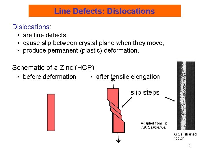 Line Defects: Dislocations: • are line defects, • cause slip between crystal plane when