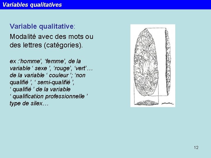 Variables qualitatives Variable qualitative: Modalité avec des mots ou des lettres (catégories). ex :