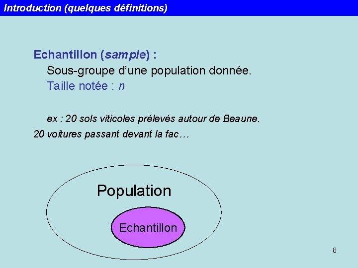 Introduction (quelques définitions) Echantillon (sample) : Sous-groupe d’une population donnée. Taille notée : n