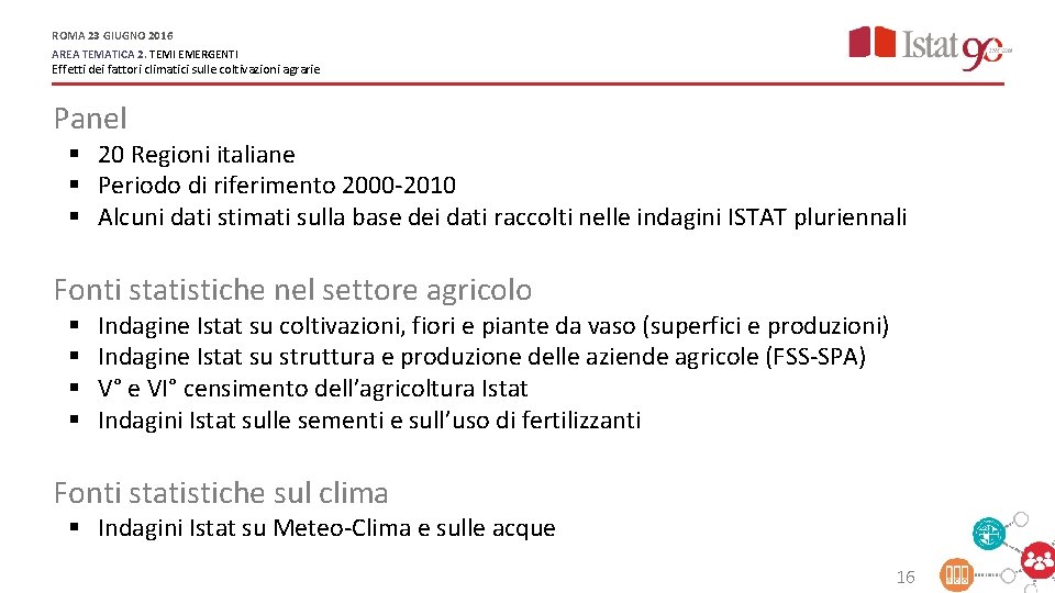 ROMA 23 GIUGNO 2016 AREA TEMATICA 2. TEMI EMERGENTI Effetti dei fattori climatici sulle