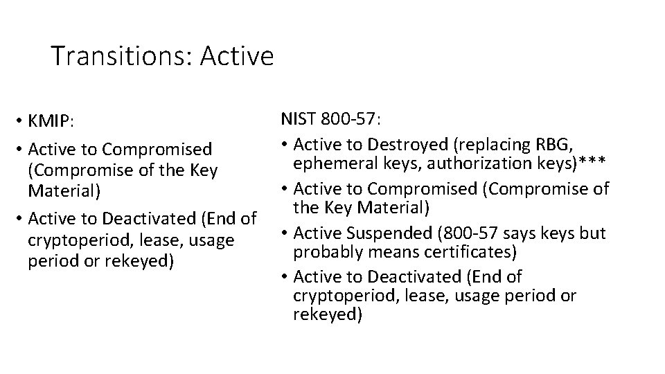 Transitions: Active • KMIP: • Active to Compromised (Compromise of the Key Material) •