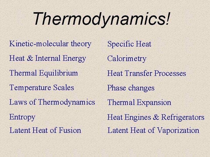 Thermodynamics! Kinetic-molecular theory Specific Heat & Internal Energy Calorimetry Thermal Equilibrium Heat Transfer Processes