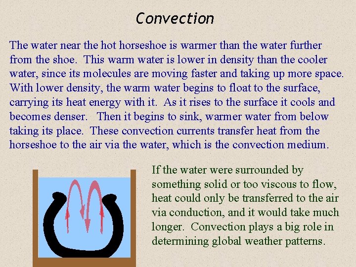 Convection The water near the hot horseshoe is warmer than the water further from