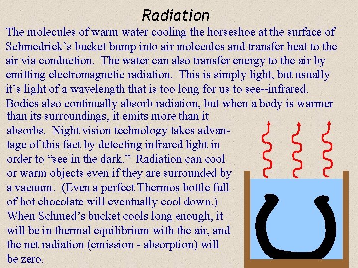 Radiation The molecules of warm water cooling the horseshoe at the surface of Schmedrick’s