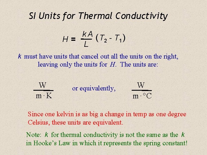 SI Units for Thermal Conductivity k A (T - T ) H= 2 1