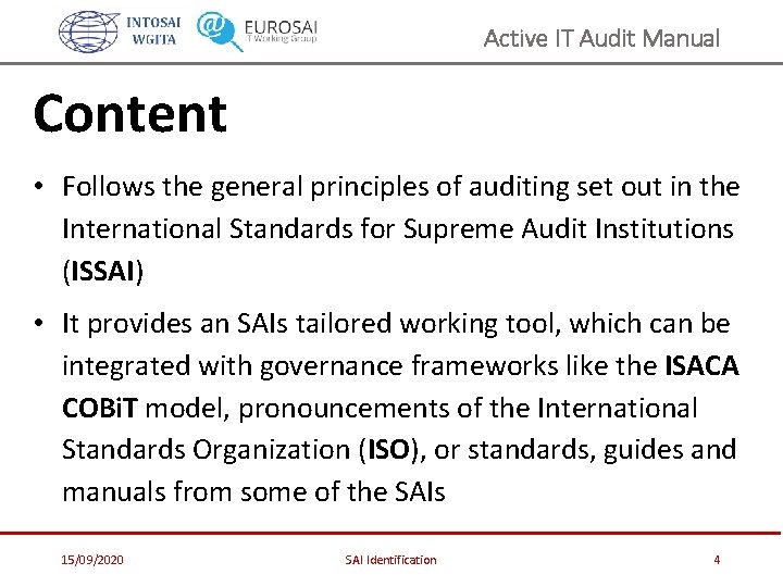 Active IT Audit Manual Content • Follows the general principles of auditing set out