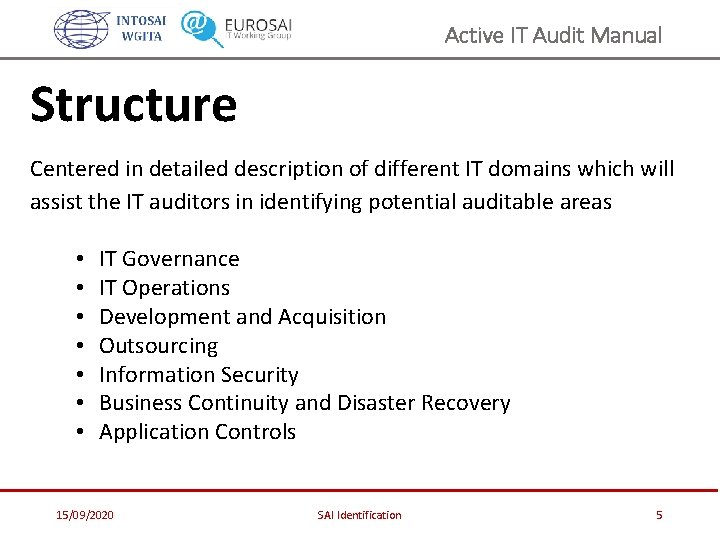 Active IT Audit Manual Structure Centered in detailed description of different IT domains which