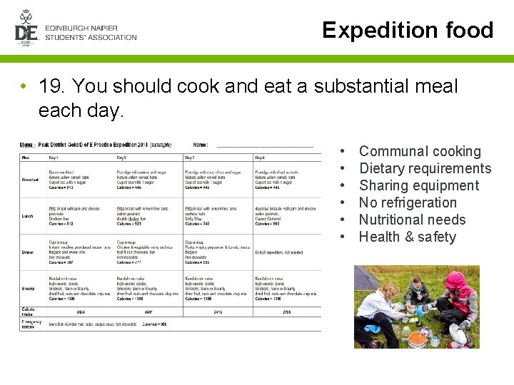 Expedition food • 19. You should cook and eat a substantial meal each day.