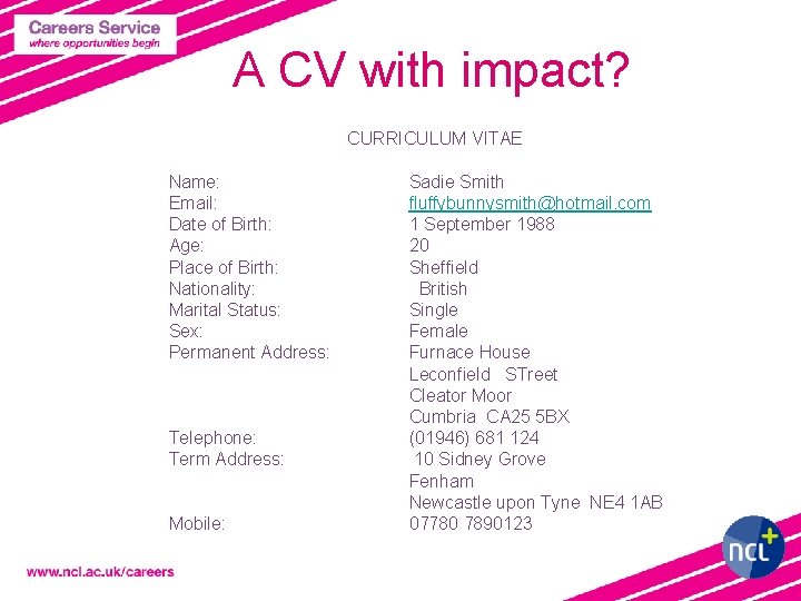 A CV with impact? CURRICULUM VITAE Name: Email: Date of Birth: Age: Place of