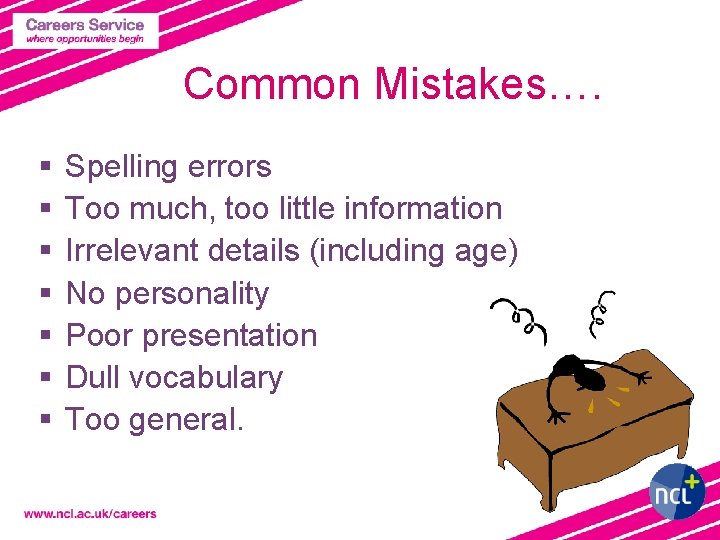 Common Mistakes…. § § § § Spelling errors Too much, too little information Irrelevant