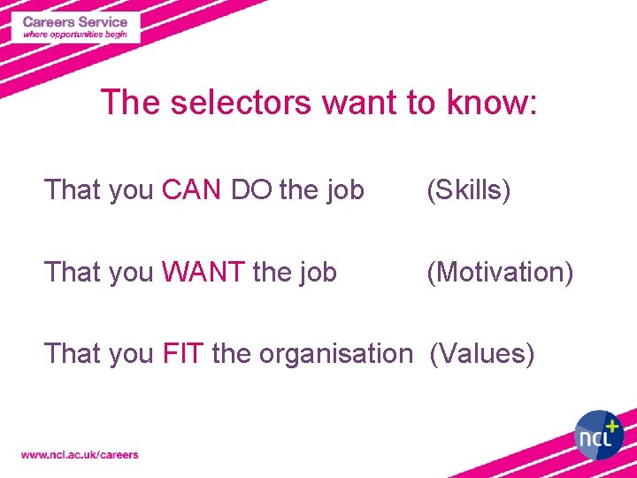 The selectors want to know: That you CAN DO the job (Skills) That you