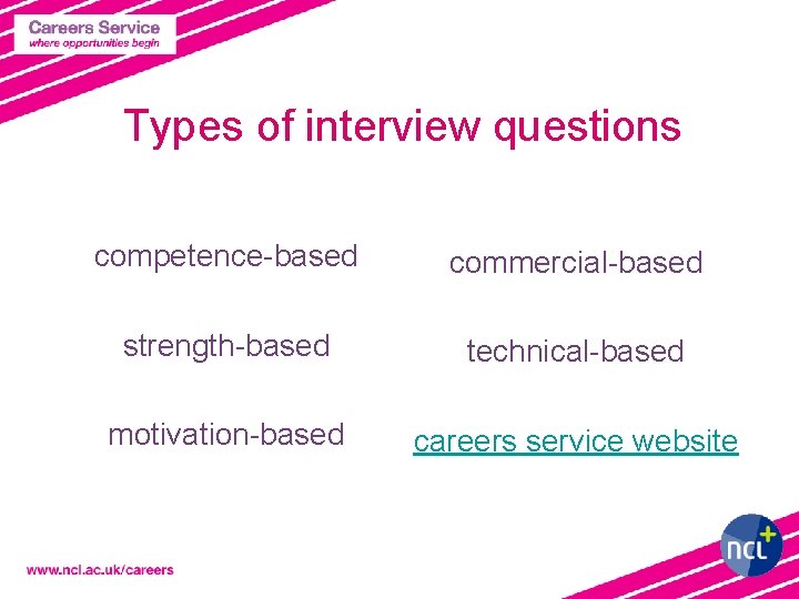 Types of interview questions competence-based commercial-based strength-based technical-based motivation-based careers service website 